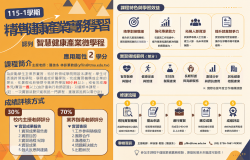 【課程訊息】115-1學期《精準健康產業實習》開始選課！邁向智慧健康產業的第一步!
